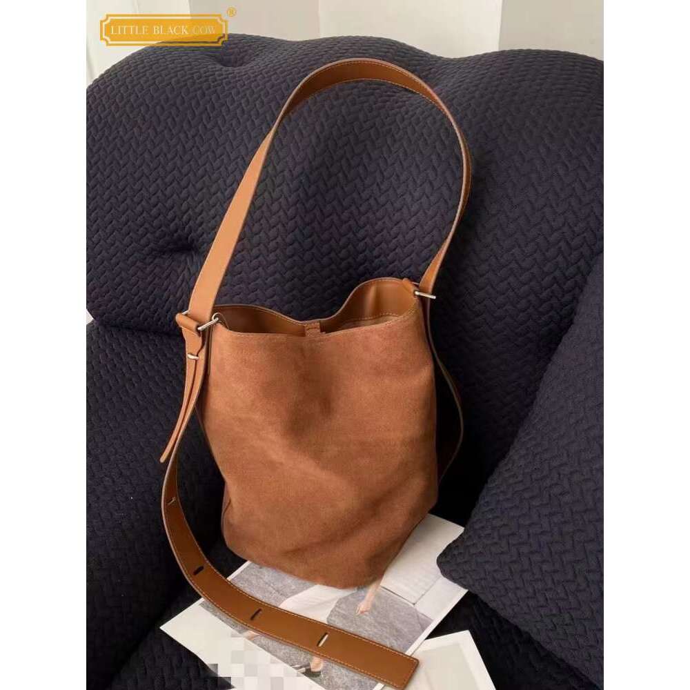 Vintage Cow Suede Bucket Women Single Shoulder New Autumn Winter Solid Color Office Ladies Handbag Casual Messenger Bag