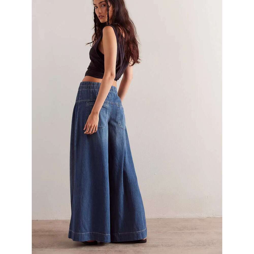 Free Style Full Length Mid Waist Boho Folds Cotton Hippie Wide Leg Pants 3Xl Trousers Chic People Jeans
