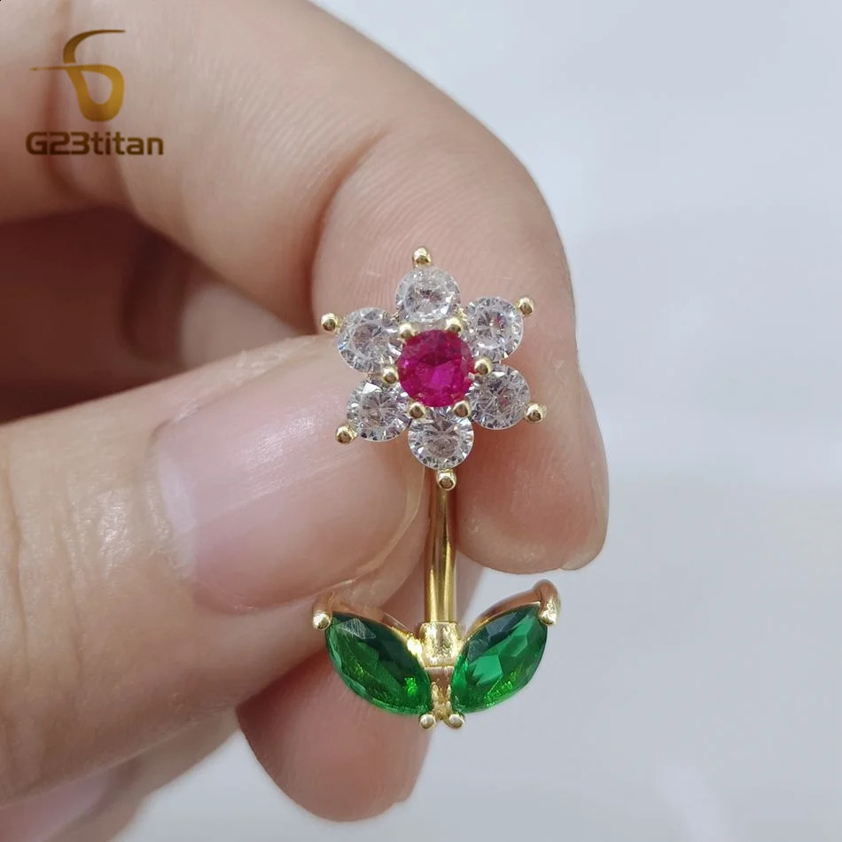 G23titan 14G Zircon Flower Barbell Belly Button Ring Women Body Sexy Navel Piercing Anti Allergic Jewelry Accessories Ombligo 250110