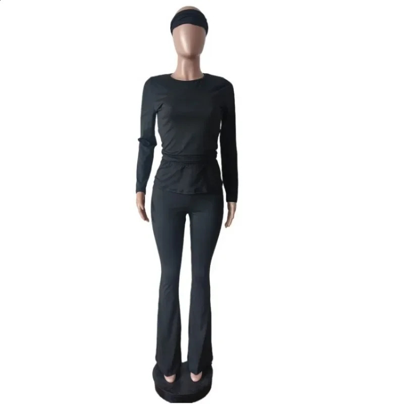 Women Solid Yoga 3 Piece Set Headband O-neck Full Sleeve Crop Tops Lapel High Waist Flare Pants Slim Fitness Workout Suits 250122