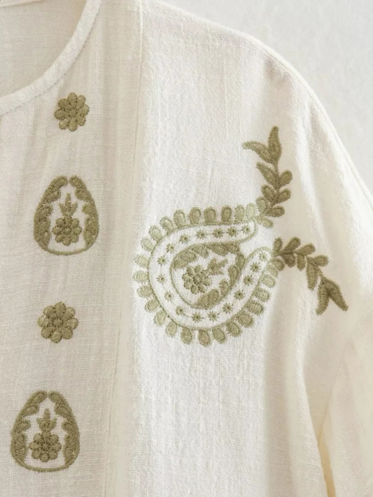 Embroidered Print Cotton Linen Shirt Women Loose Vneck Lantern Sleeve Female Blouses 2024 Spring Summer Lady Casual Solid Tops 250122