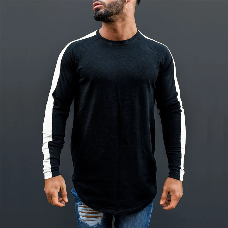 Muscleguys TShirt Men Spring Autumn Long Sleeve ONeck T Shirt Clothing Fashion Patchwork Cotton Tee Tops 250122