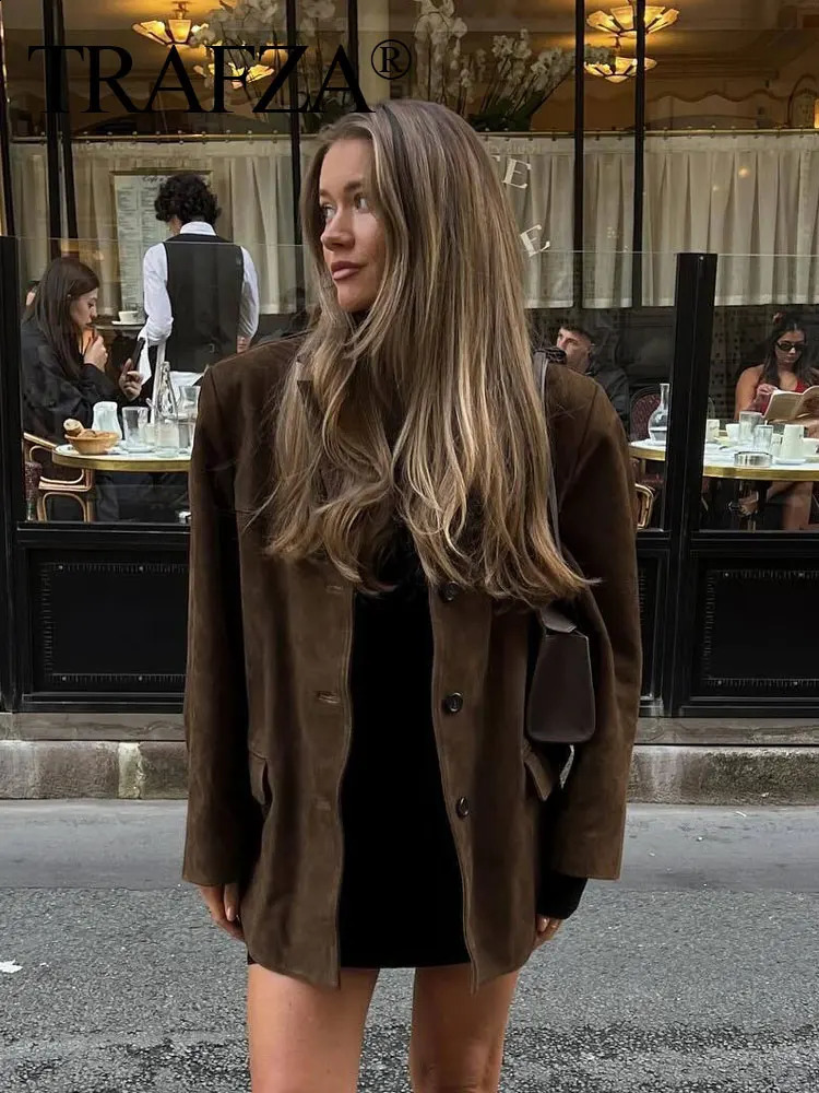 TRAFZA Trendy Suede Blazer For Women Autumn Causal Solid Color Single Breasted With Pockets Long Sleeves Lapel Retro Coats 250109