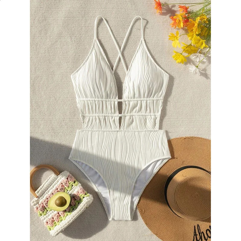 Fashion Solid Deep V Neck One Piece Swimsuit Women Hollow Out Pleate Swimwear Beach Bathing Suit Monokini Bandage 250122