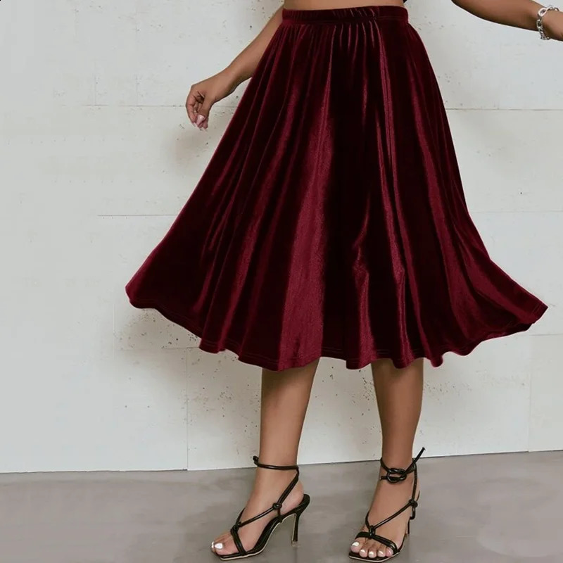 Plus Size High Elastic Waist Velvet Skirt Women Solid Black Spring Autumn Midi Party Aline Flare Large 6XL 7XL 250122