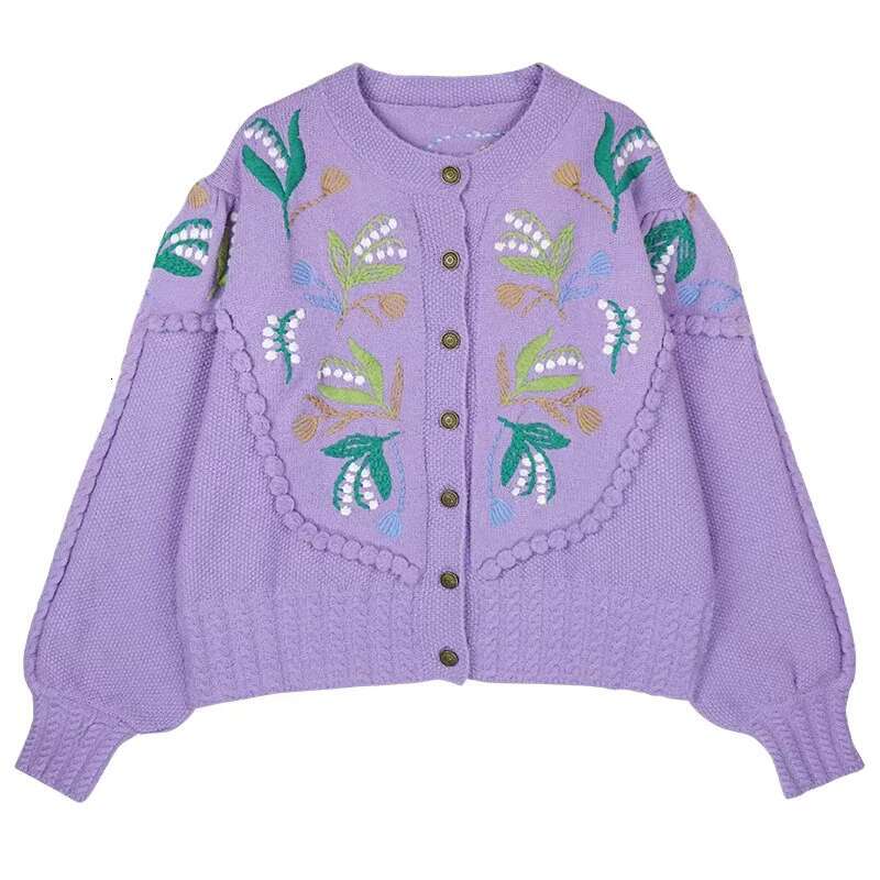 New Knitwear Round Neck Embroidery Vintage Style Women Cardigans Loose Button Down Fashion Sweaters Boho Knitted Sweater