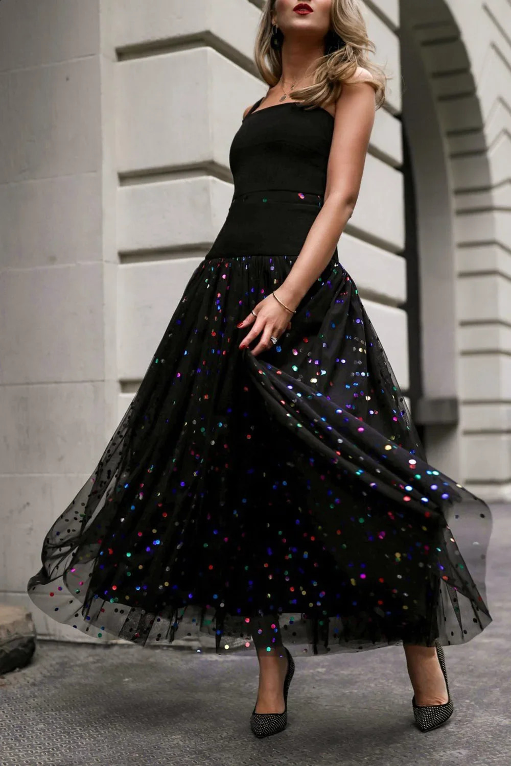 Glitter Mesh High Waist Skiing with Size Wrinkles ALine Street Elegance Wedding Guests Sweet 2024 250122