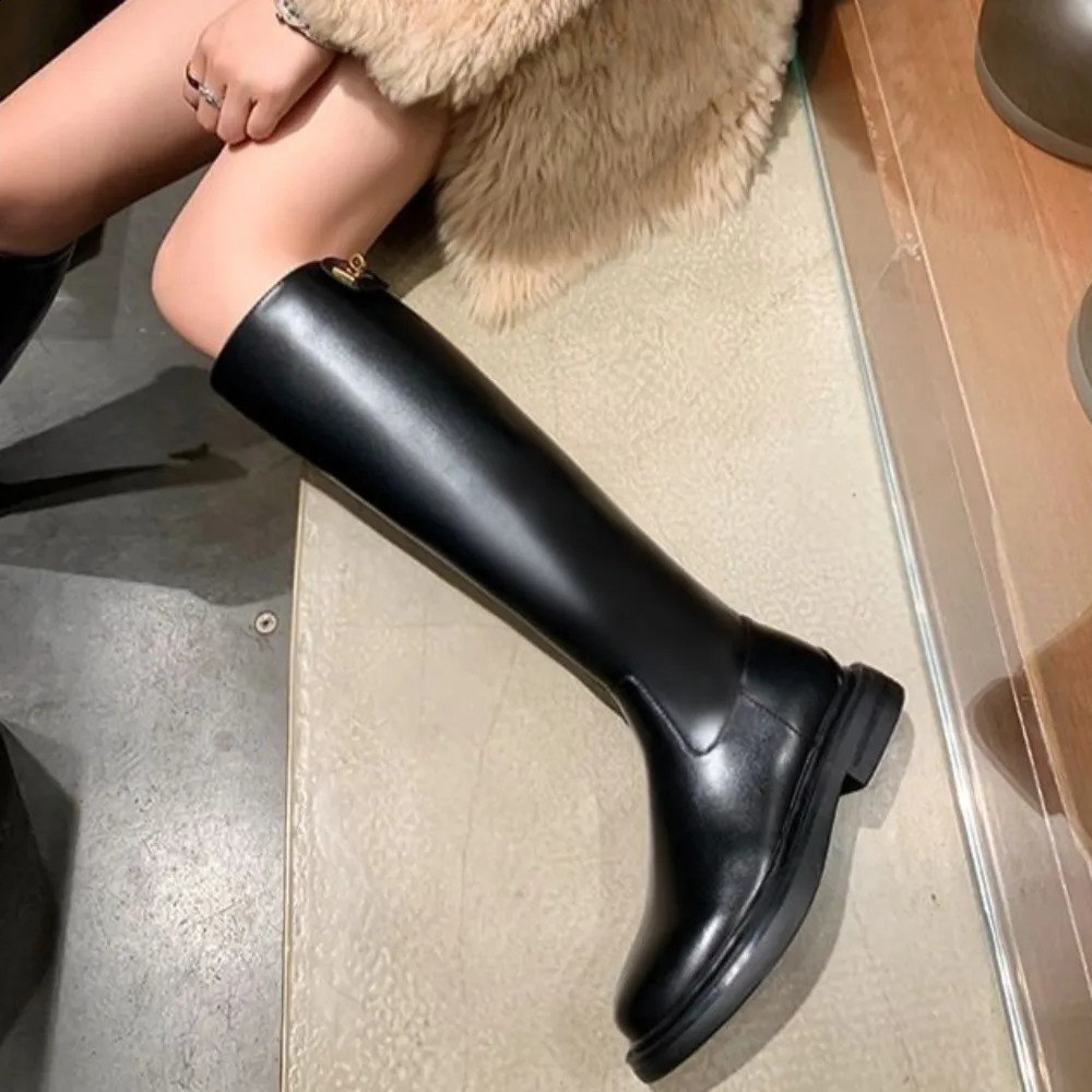 Leather Long Boots for Women Round Toe Elegant with Low Heels Knee High Shaft Shoes Woman Spring Autumn Y2k Boot Sale 250118