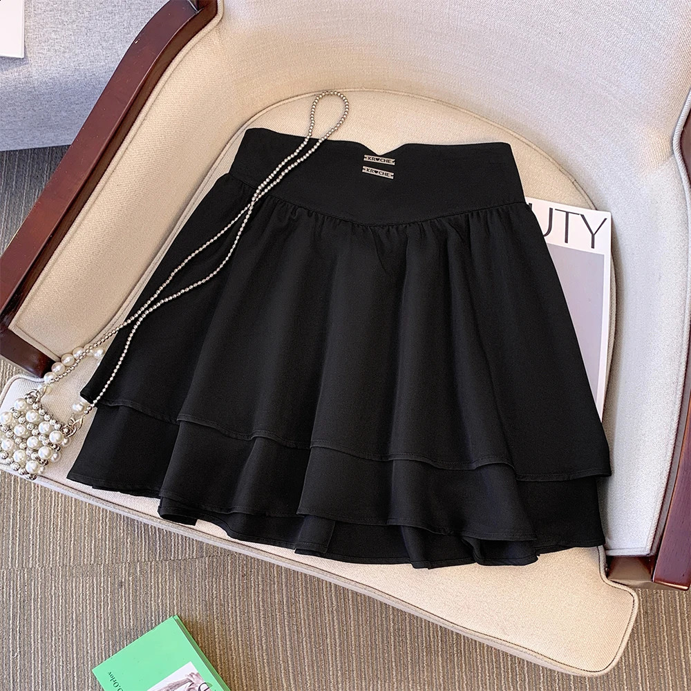 Plussize womens summer casual commuting loose comfortable skirt Black Aline high waist elastic pleated short big 250121