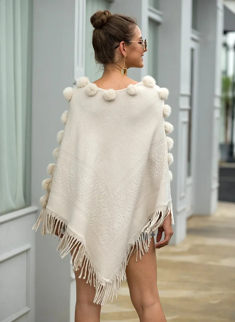Autumn Winter Tassel Hairball Cape Poncho Oversized Sweater Women Fashion Cloak Shawl Pullovers Female Knitted Casual Jumper 250121