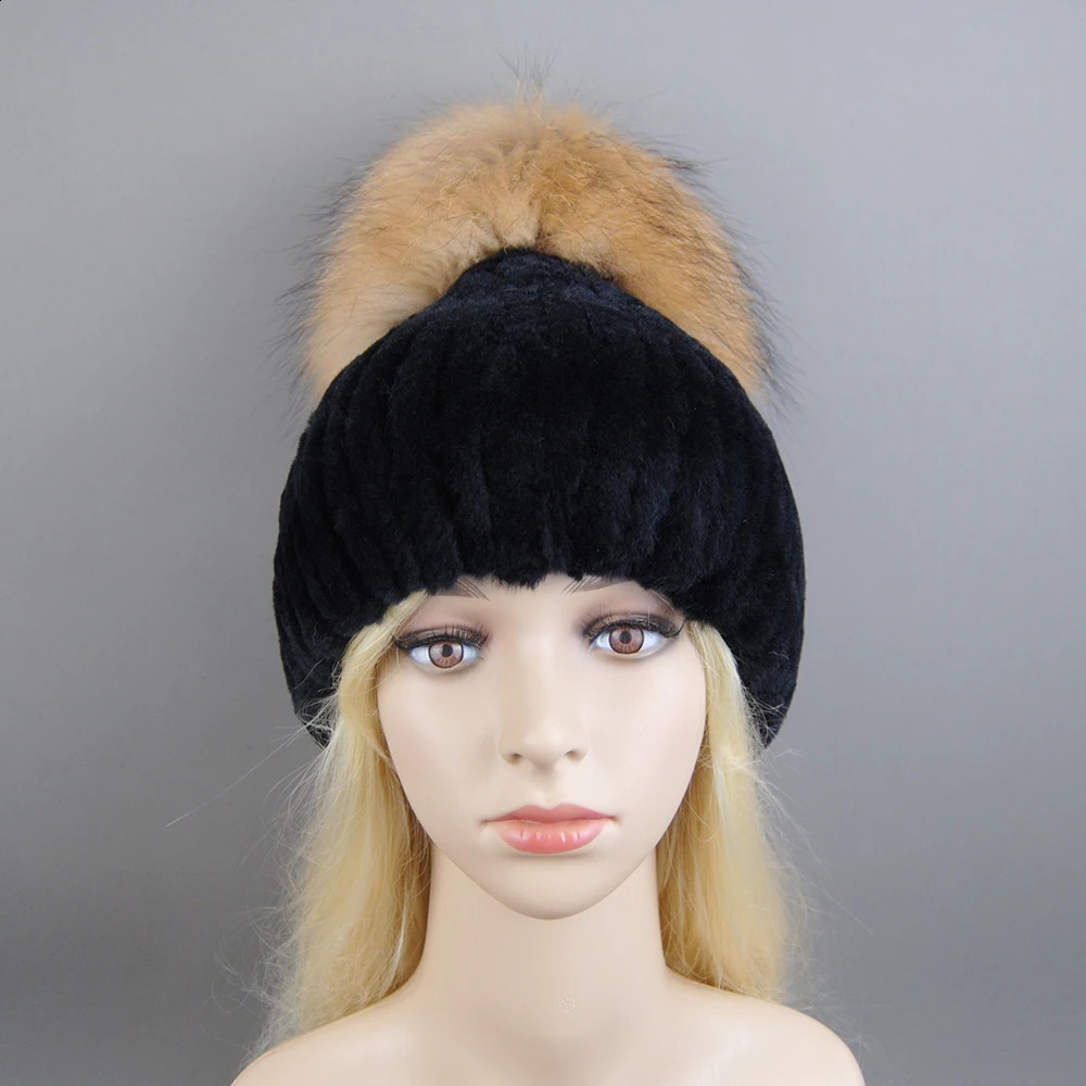 winter warm Rex rabbit fur hat Beanies 100% natural fur hat fashionable knitted leather hat with raccoon fur ball 250109