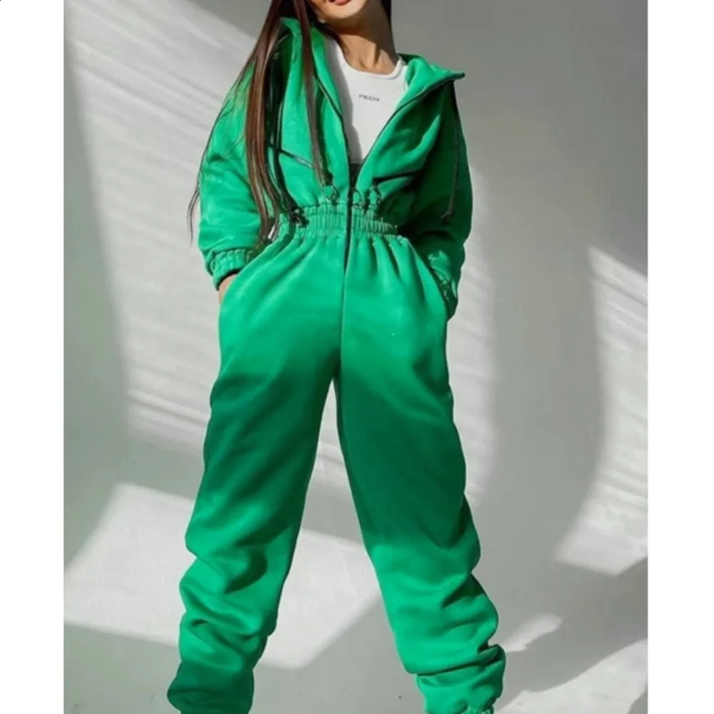 Autumn Womens Monochrome Long-Sleeved Jumpsuit Solid Color Zip-up Sportswear Female Winter Casual Tracksuit Fashionable Hoodies 250122
