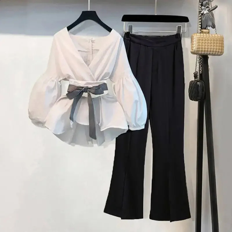 Spring Summer Womens Clothing Korean Style Elegant Tweed Fashion 2Piece Set Wide Leg BellBottom Pants Suit 250122