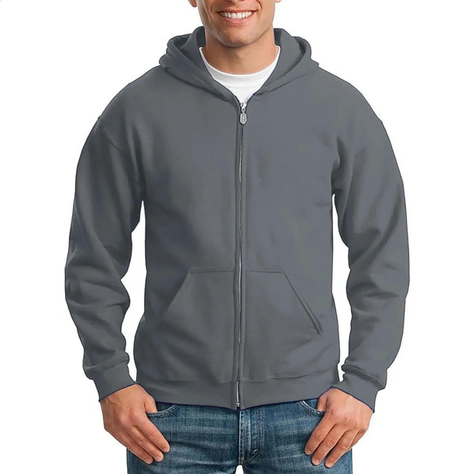 Solid Men Zip Up Hoodie Long Sleeve Daily Wear Zipper Hooded Pullover Sweatshirt With Pocket Loose Harajuku Hip Hop Men Hoodies 250121