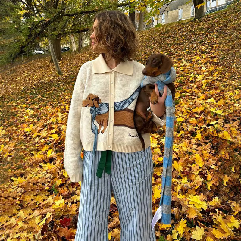 Chic Puppy Pattern Women Cardigan Long Sleeve Lapel Single Breasted Sweater Parrty Casual Coats New Lady Commuter Outerwear