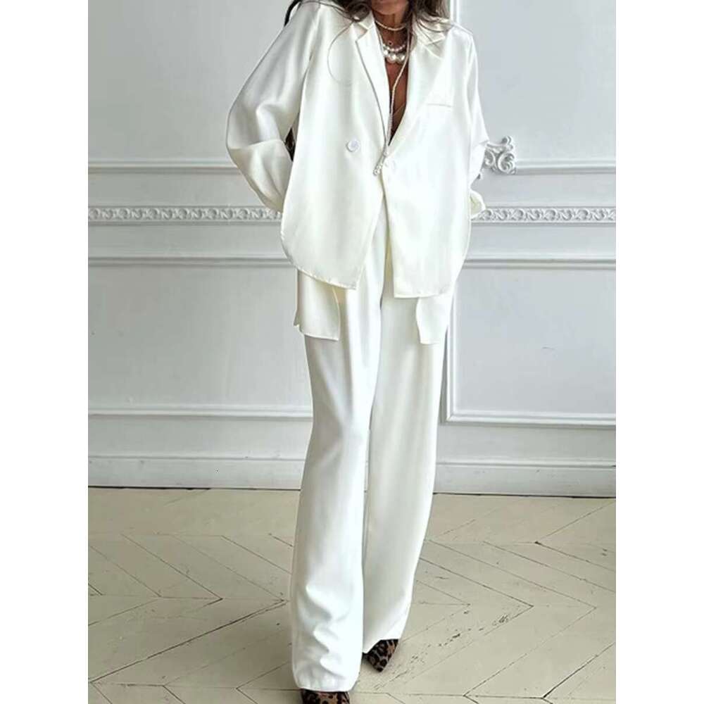 Autumn New White Thin Blazer Suits For Women Long Sleeve Asymmetrical Blazers+Wide Leg Trouser Casual Elegant Two-Piece Set