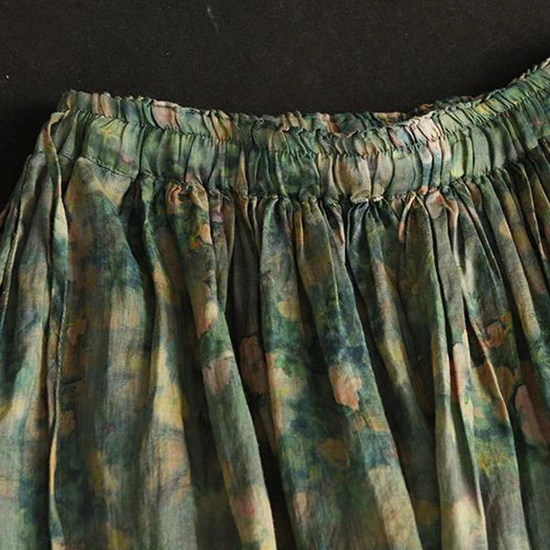 Vintage Printed Long Skirt Cotton Linen Floral Elasticated Waist Tie Skirts Summer Flowing Literary Artistic Forest Women 250110