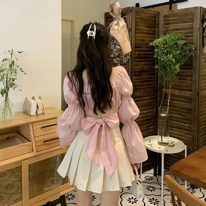 Womens Autumn French Butterfly Belt Top with Back Puff Sleeves Black Pink Square Collar Cut for Women 250122