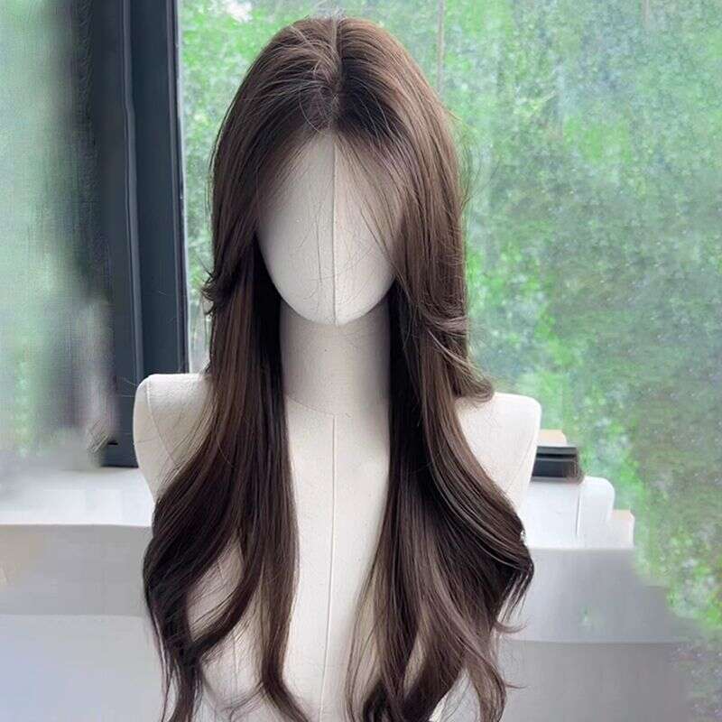 Lace Front Wig Cover T Shape Front Lace Wig Women S Cold Brown Summer Headband Eight E Bangs Large Wave Temperament Curly Hair Full Set Whole Wig