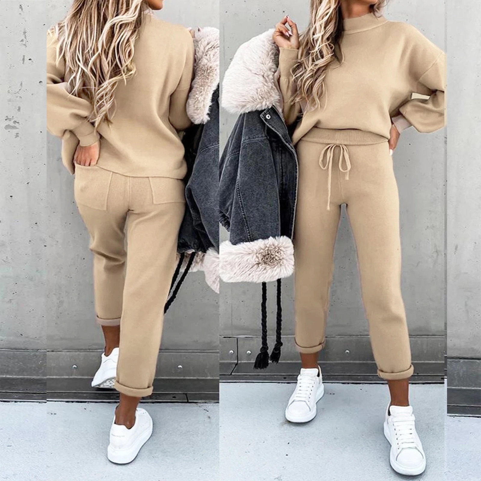 Womens Fleece Tracksuit Hooded Sweatshirt Autumn Solid Blouse Pants 2Pieces Set Long Sleeve Pullover Drawstring Sportswear 250122