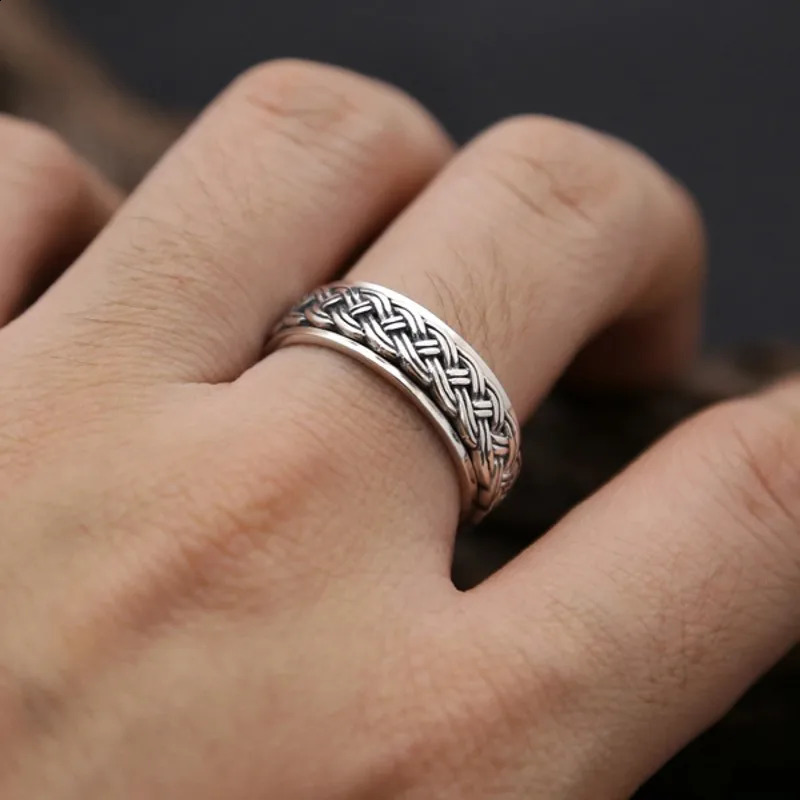 BOCAI Real S925 Sterling Silver Jewelry Fashion Retro Thai Man Ring Hemp Rope Simple Rotating Turn to Good Luck 250117