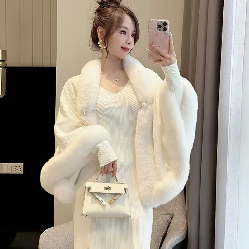 Cloak Poncho Capes Chinese Style Qipao Shawl With Thickened Autumn Winter Fur Plush Women Cape Lady Coat White 250121
