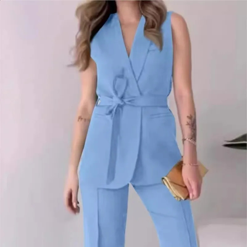 2 Piece Sets Lady Turn Dwon Collar Sleeveless Top With Long Pants Suit Elegant Solid Color Slim Set Women Party Outfit y250114