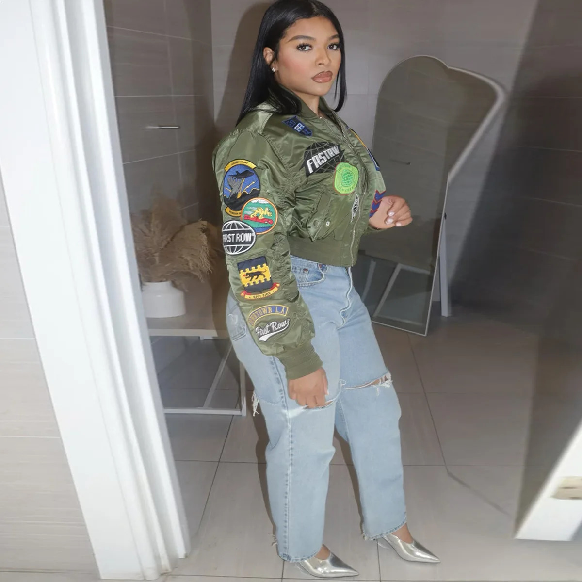Embroidered Cyber Racing Bomber Jacket Womens Fashion Coat Y2K Street Clothing Winter Clothing Elegant Jacket Crop Coat 250118