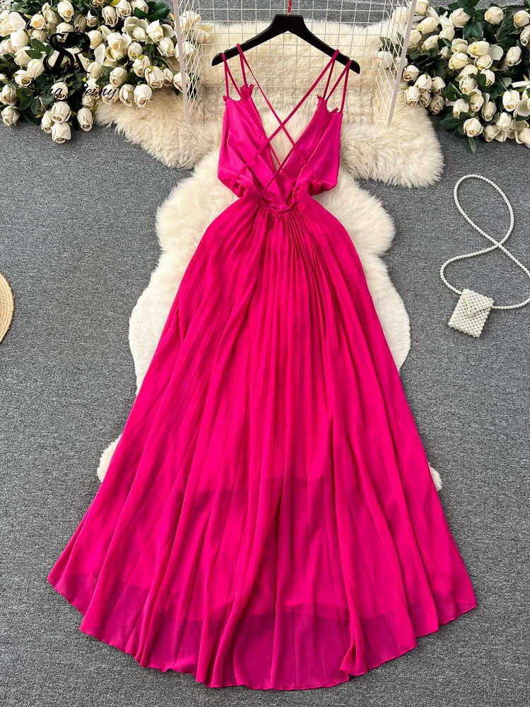 SINGREINY Summer Sexy A Line Dress Deep V Neck Sling Cross Ruffles Backless Pleated Solid Women Elegant Evening Party Long Dress 250110