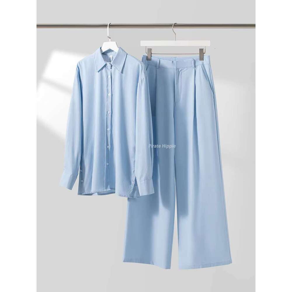 Casual Solid Two-Piece Women New Summer Single Breasted Long Sleeve Shirts+Wide Leg Trouser Simple Fashion Pants Set