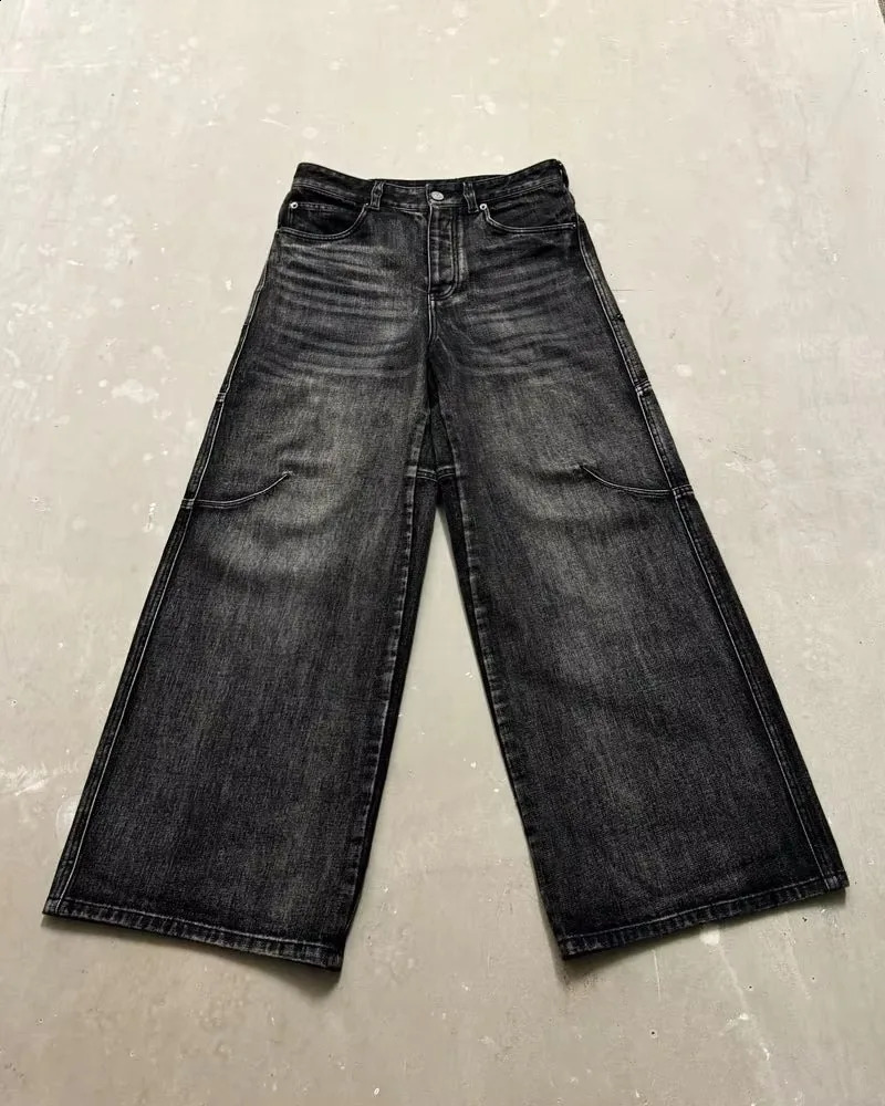 Y2K Fashion Black Stitching Washed Make Old Baggy Jeans Women Street Dressing Rock Casual High Waist Wide Leg Pants 250117