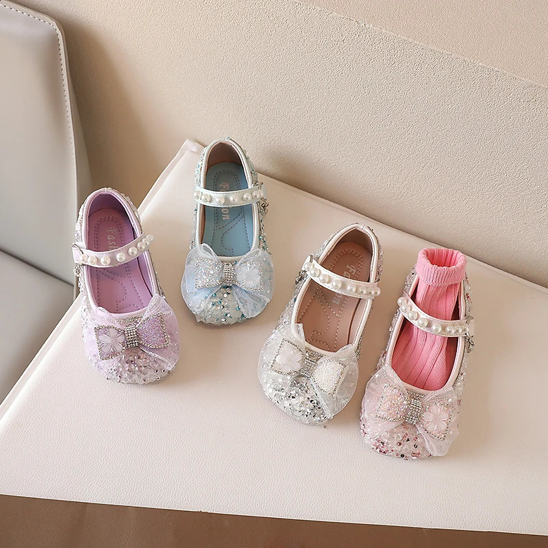 Girls Mary Janes for Party Wedding Shows Bow Sequined Rhinestones Shallow Children Fashion Versatile Soft Kids Casual Shoes 2024 250121