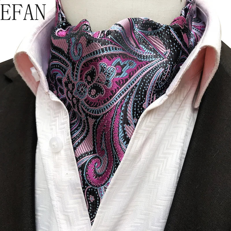 Solid Black Men Vintage Cashew Floral Wedding Formal Cravat Ascot Scrunch Self British Gentleman Silk Woven Neck Tie 250117