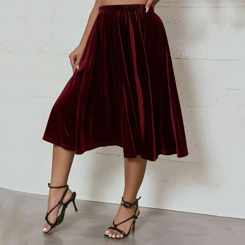 Plus Size High Elastic Waist Velvet Skirt Women Solid Black Spring Autumn Midi Party Aline Flare Large 6XL 7XL 250122