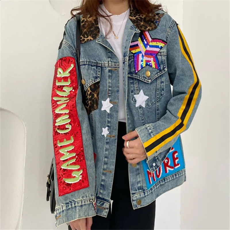 Vintage Multicolour Sequins Leopard Patch n Denim Jacket Women Cow Outerwear Loose Short Big Pocket Jeans Jacket Female 250121