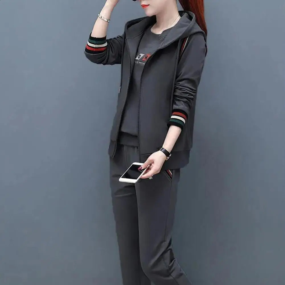 3PcsSet Women Sweatshirt Vest Pants Set Autumn Tracksuit Sleeveless Coat Hooded Long Sleeve Pockets Tops Elastic Cuff 250122