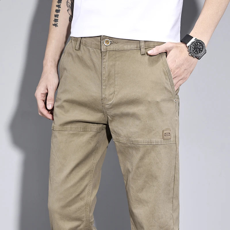 Spring Highquality Pure Cotton Casual Slim Pants Mens All Match Loose Straight Long Man y Clothing Grey Khaki 250110