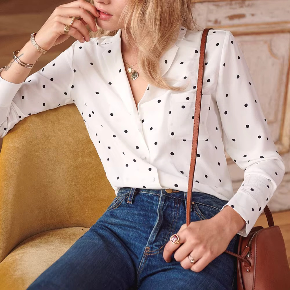 ZESSAM Polka Dot Graphic Print Women Shirt Long Sleeve Pocket Button Female Top Casual Classic Vintage Lady Blouse 2023