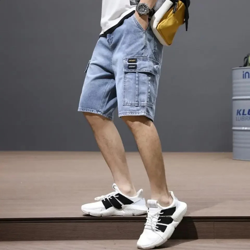 Man Denim Shorts Black Gray Cargo Short Jeans Pants for Men with Pockets Buttons Vintage Trend 2024 Comfortable Thin 250113