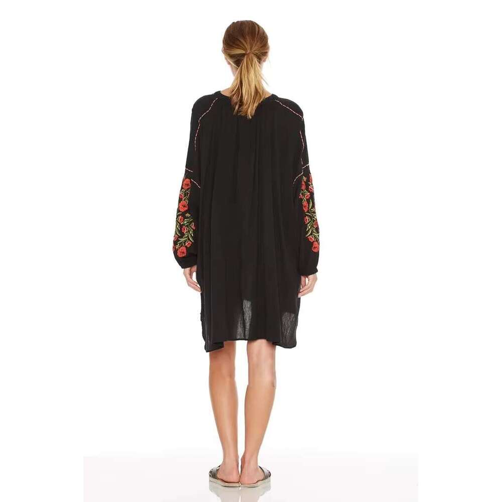 Women's Boho Style Mini Loose Ral Embroidery Black Oversized Short Beach Holiday Dress Vintage Chic Robes