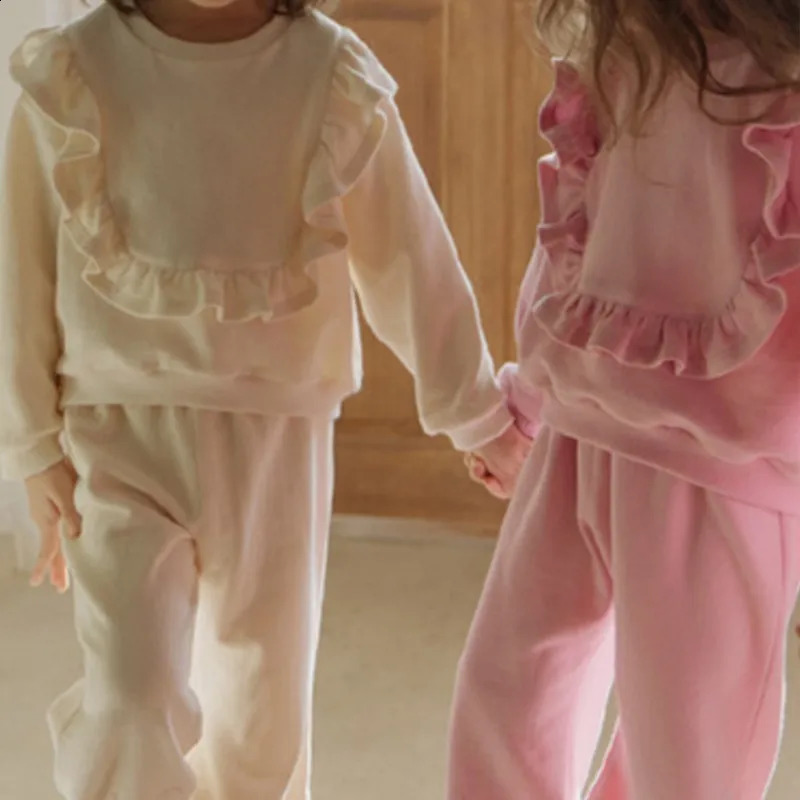 Spring Autumn Children Girls 2PCS Clothes Set Solid Ruffle Broder Sweatshirts Loose Versatile Pants Suit Toddler Girl Tracksuit 250117
