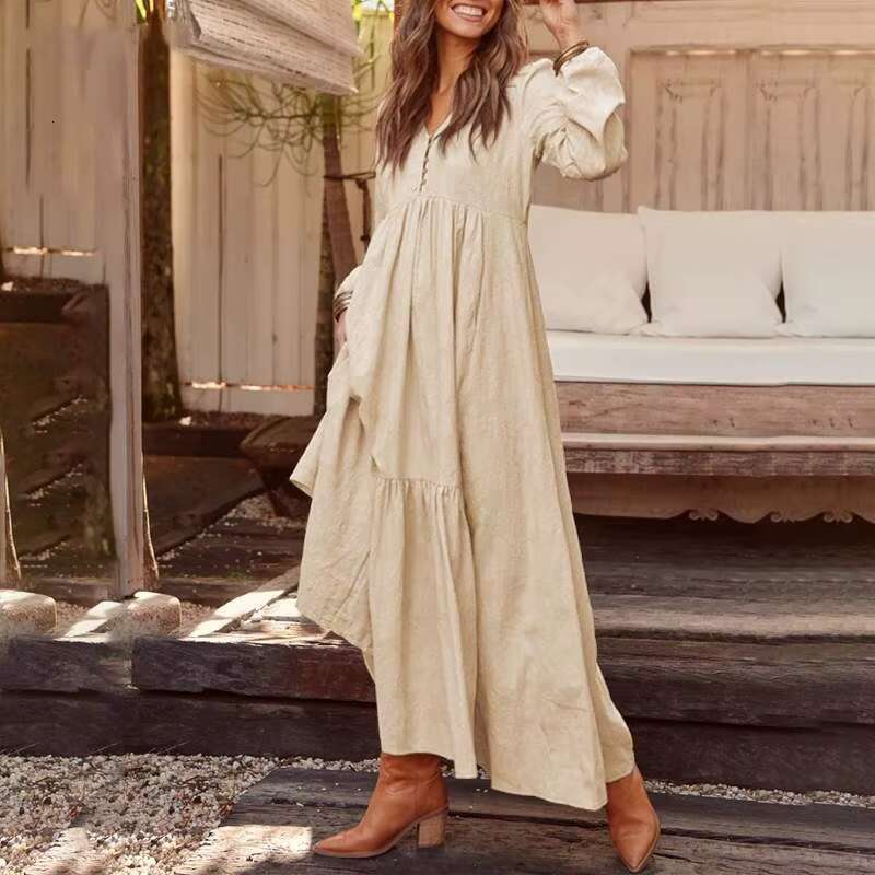 Spring Autumn Maxi Cotton And En Women's Boho Button Up Loose Fit Vestidos Hippie Robes Plus Size 5Xl Dress
