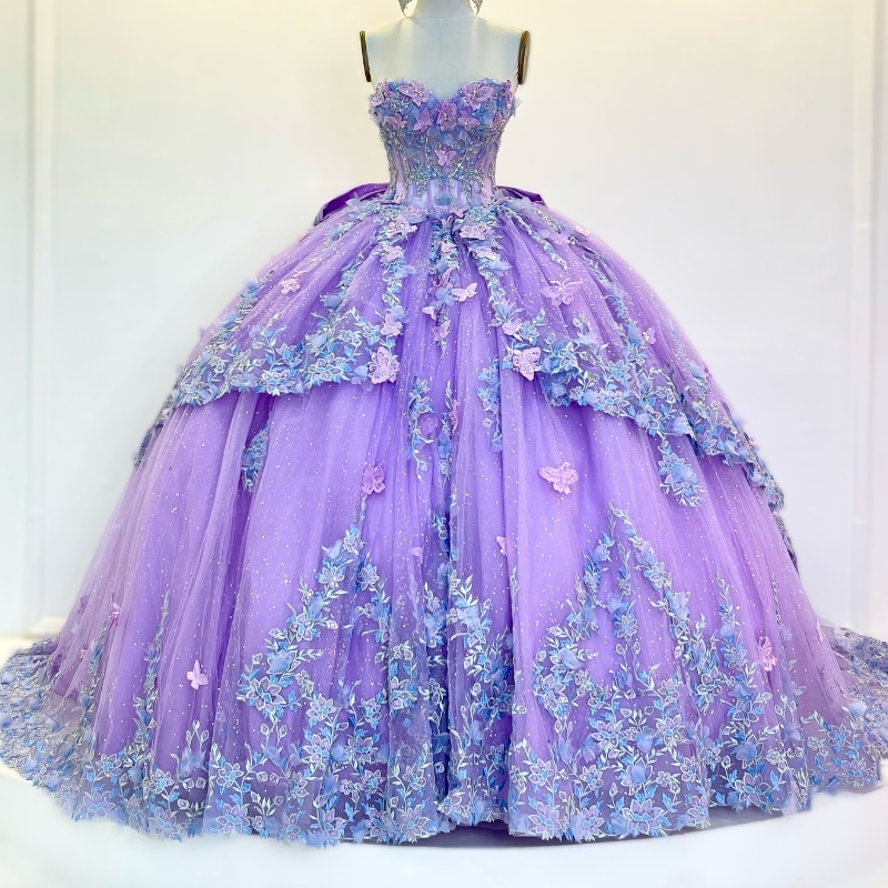 Lavender Quinceanera Dresses Ball Gown Off The Shoulder Applique Lace Bow Beading Tull Party Birthday Sweet 16 Dress Vestidos 15 De Anos