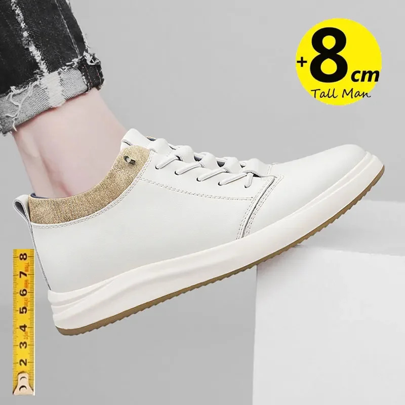 Mens genuine leather sneakers elevator shoes black height increasing shoes men 6cm 8cm white casual lift casual shoes 250113