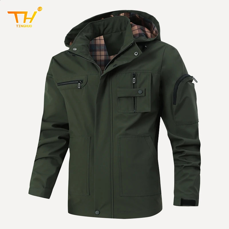 TINGHUO Jacket Mens spring and autumn cargo multi-pocket plaid mens jacket breathable windproof zipper long sleeve Coats 250117
