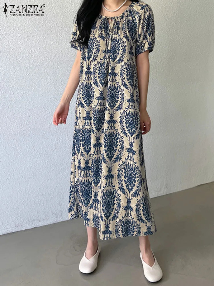 ZANZEA Puff Sleeve Loose Maxi Dress Vintage Printing Summer Vestido Lace Up Oneck Robe Fashion Casual Holiday Dresses 250121