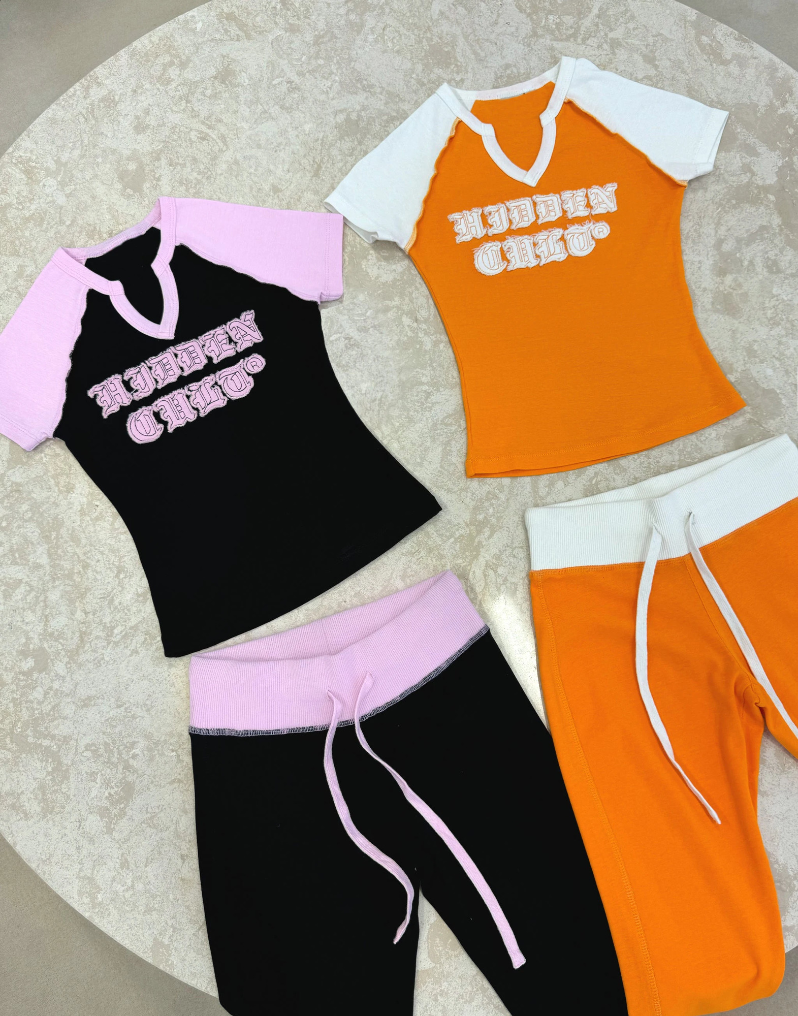 Harajuku Y2K Fashion Slim retro womens letter Embroidery Patch 2-piece womens Sports Casual T-shirt Sexy Spice set 2000s tops 250118