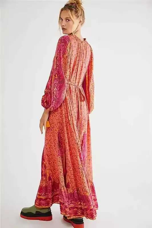 Chiffon Maxi Dress Boho Style Holiday Printing Chic Vestidos Mujer Long Sleeve Free Dresses Ral People Sales Hippie Robes