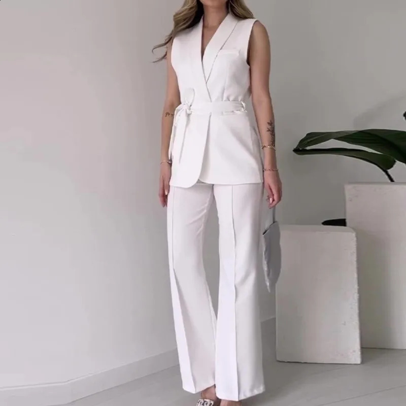 2 Piece Sets Lady Turn Dwon Collar Sleeveless Top With Long Pants Suit Elegant Solid Color Slim Set Women Party Outfit y250114