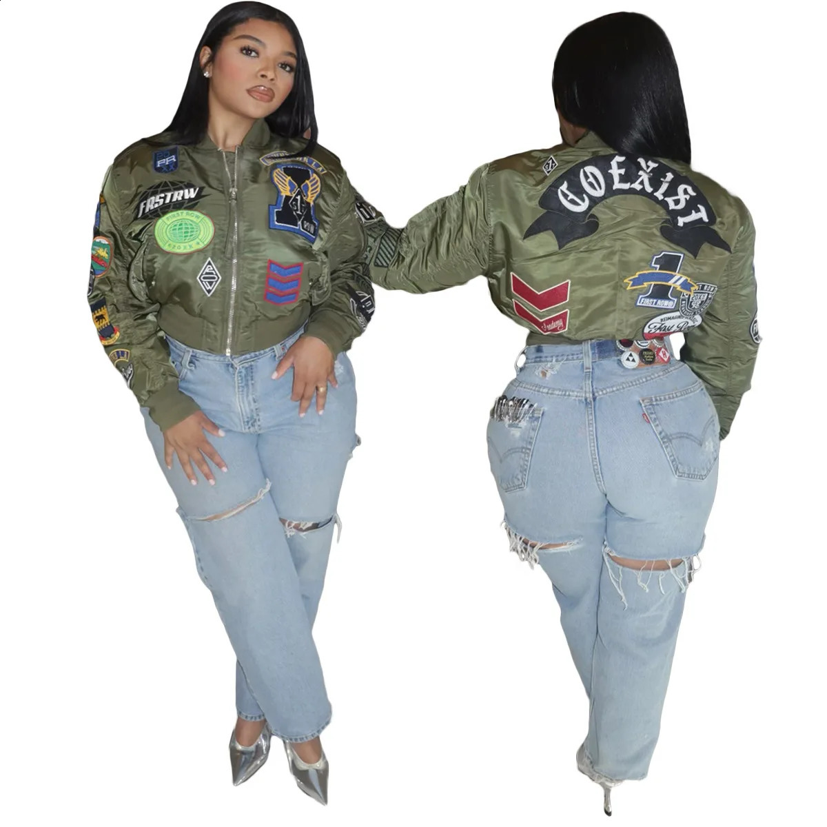 Embroidered Cyber Racing Bomber Jacket Womens Fashion Coat Y2K Street Clothing Winter Clothing Elegant Jacket Crop Coat 250118